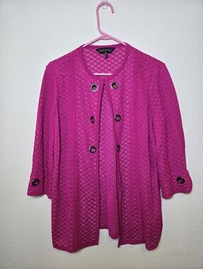 Ming Wang Open Front Blazer Jacket 3/4 Sleeve Hot Pink Medium Knit Office Medium